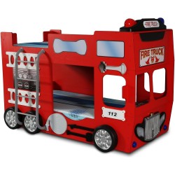 Pat cu etaj Masina de Pompieri Fire Truck - Pat din lemn MDF in forma de masina Pompieri  Plastiko